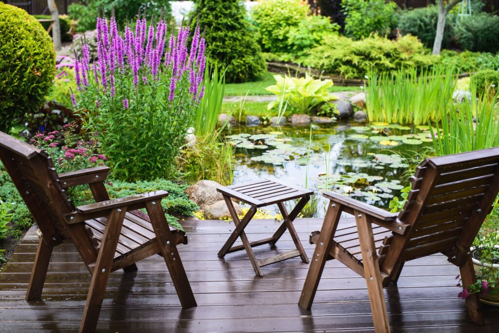 chairs in front of a pond